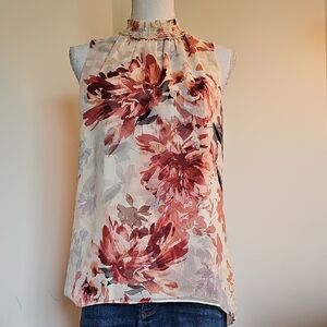 White House Black Market Floral Blouse - Cream and Red
